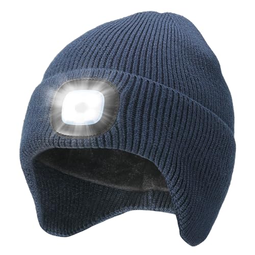 CENSGO Fleece Lined Beanie with a Light Built in, Warm Lighted Stocking Hat with Ear Flaps - color: Navy Blue