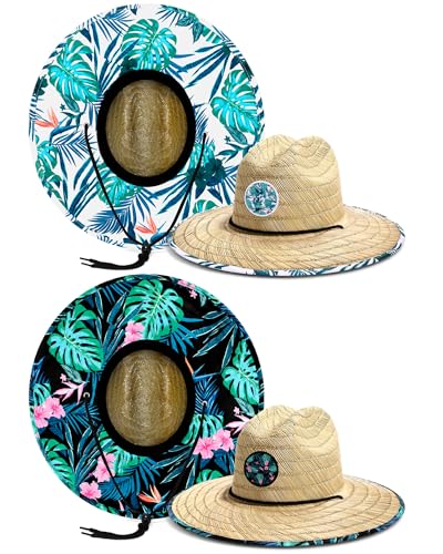 Cuffbow 2 Pack Straw Sun Hats for Women Men - style: Monstera Floral
