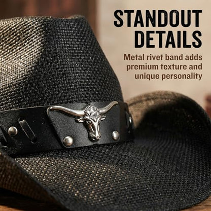 Straw Cowboy Hats for Women and Men - color: Black, size: Medium
