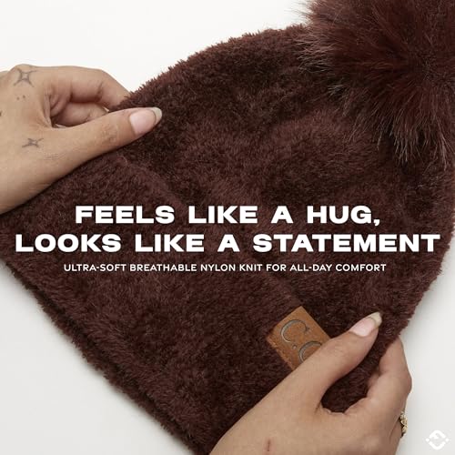 Funky Junque Beanie for Women Ultra Soft Chenille Faux Fur Pom Pom Winter Hats Warm Ski Cap Fashion - color: Terry Chenille - Brown