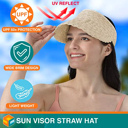 SUN CUBE Women Sun Visor Hat, Straw Beach Hat Wide Brim UV Protection, Foldable Packable Cap, Roll Up Ponytail Summer Visor - color: Beige