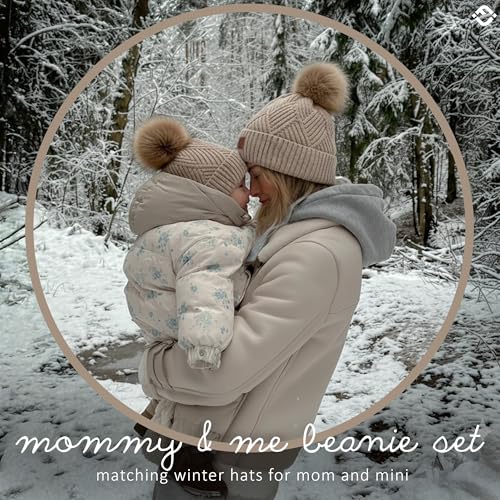 Funky Junque Mommy & Me Pom Pom Beanies Set – Infant Baby & Mom Matching Winter Outfits, Warm Newborn & Women's Beanie Hats - color: Diagonal Basketweave - Beige