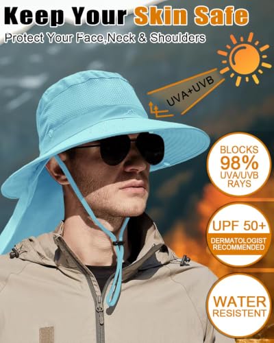 Outdoor Sun Hats with Stowable Neck Flap for Men Women UPF 50+ Mesh Summer Bucket Hat Wide Brim for Fishing Safari Hiking - color: Blue