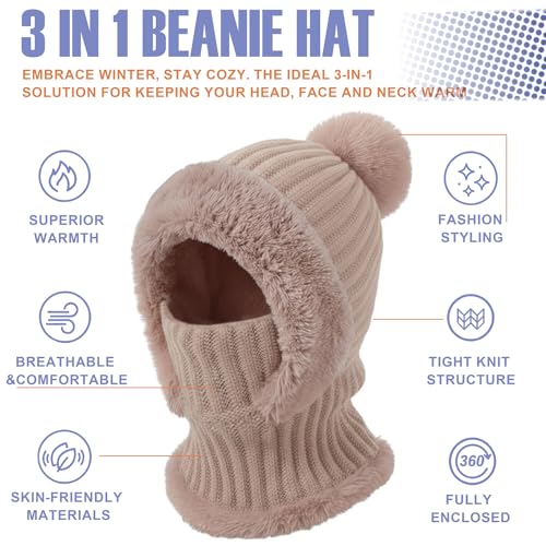 AQOKKA 3 in 1 Knit Fleece Lined Beanie Hat with Scarf and Mask Warm - color: Khaki