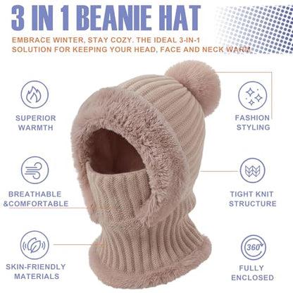 AQOKKA 3 in 1 Knit Fleece Lined Beanie Hat with Scarf and Mask Warm - color: Khaki