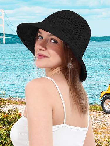 sy soul young Women's Straw Sunhat Wide Brim Hand Woven Beach Bucket Hat - color: Black