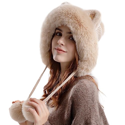 Fluffy Knit Beanie Hats for Women Winter Warm Fleece Lining Skull Cap Plush Faux Fur Pompom Earflaps Snow Hats - color: Beige - B