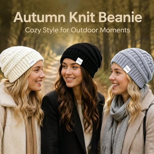 FEQO 4 Pack Satin Lined Beanies Slouchy Beanie Oversized Cable Knit Caps - color: Black, White, Light Grey, Oatmeal