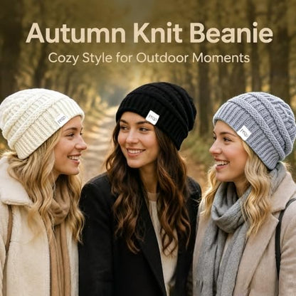 FEQO 4 Pack Satin Lined Beanies Slouchy Beanie Oversized Cable Knit Caps - color: Black, White, Light Grey, Oatmeal