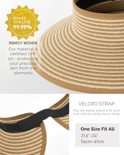 FURTALK Womens Sun Hat with Ponytail Hole Wide Brim Beach Straw Visor - color: 04-khaki Beige Stripes