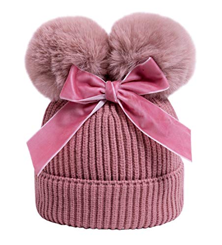 YATEEN Infant Toddler Baby Knitting Woolen Hat Winter Warm Double Pompom Beanie Cap with Bow - color: 2 Pack Red / Pink