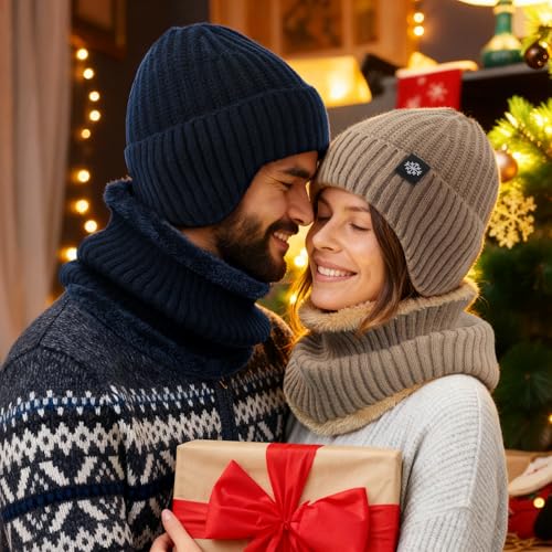 Trifabricy Winter Knit Hat Scarf Set, Fleece Lined Beanie and Neck Warmer - color: Khaki