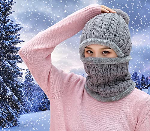 HUAMULAN Women Winter Knit Beanie Hats One Piece Fleece Lined Balaclavas - color: M8863-gray