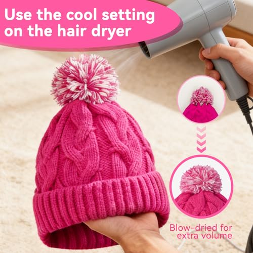 Slouchy Chunky Knit Beanie with Pom Pom - Cozy Winter Bobble Hat for Women and Men - color: Hot Pink