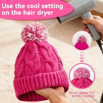 Slouchy Chunky Knit Beanie with Pom Pom - Cozy Winter Bobble Hat for Women and Men - color: Hot Pink