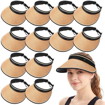 12 Pack Wide Brim Sun Visor Hats for Women UPF 50+ Foldable Straw Beach Hat UV Protection for Travel, Vacation - color: Khaki