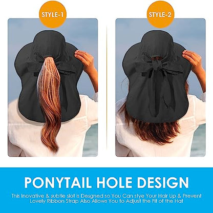 Womens Sun Hat UV Protection, Foldable Waterproof Wide Brim Bucket Hats with Neck Flap for Summer Beach Fishing Hiking - color: Black
