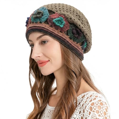 ZLYC Women Cotton Crochet Slouchy Beanie Hat Handmade Knit Summer Skull Cap - color: Colorful Flower Tan