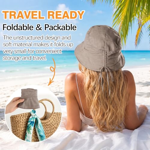 Linen Blend Ruched Bucket Hat Ultra-Light Breathable Sun Hat - color: Oatmeal
