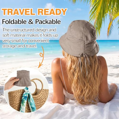 Linen Blend Ruched Bucket Hat Ultra-Light Breathable Sun Hat - color: Oatmeal