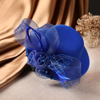 Zinniday 2026 Mini Fascinators Hat - Elegant Small Blue Kentucky Attire Derby Headwear Accessories 1920s 50s High Tea Party Church Tiny Veil Hat with Hair Clip for Women Girls - color: Blue
