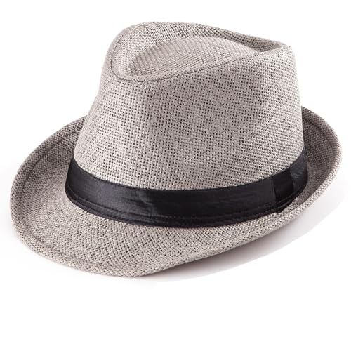 XL Straw Fedora Hats for Men Summer Trilby Beach Travel Panama Casual 7 1/2 - color: Grey