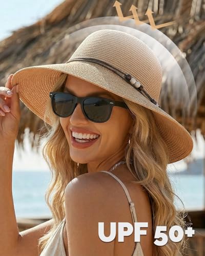 Womens Straw Beach Sun Hat, UV Protection UPF 50+, Lightweight Straw Bucket Hat, Summer Travel - color: Khaki, size: Medium