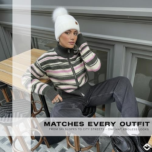 Funky Junque Beanie for Women Ultra Soft Chenille Faux Fur Pom Pom Winter Hats Warm Ski Cap Fashion - color: Ivory