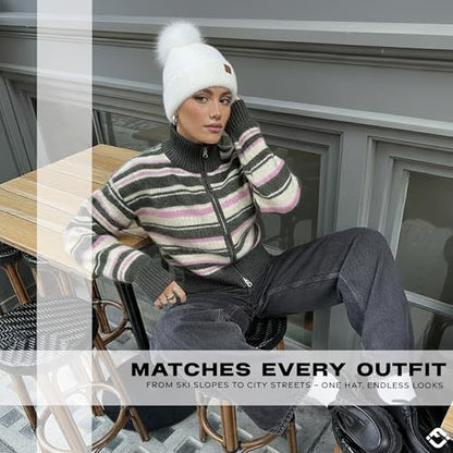 Funky Junque Beanie for Women Ultra Soft Chenille Faux Fur Pom Pom Winter Hats Warm Ski Cap Fashion - color: Ivory