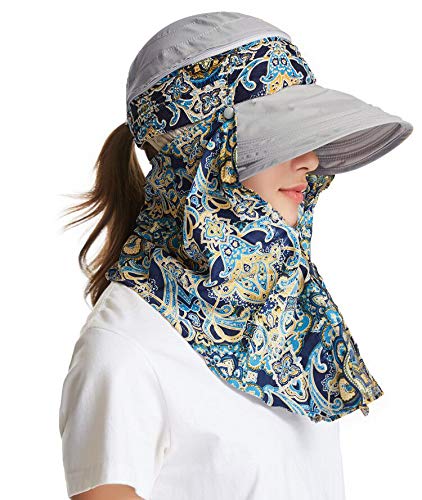 icolor Women Sun Hat UPF 50+ Sun Protection Hat Summer Outdoor Neck Shield Flap Visor Hat Ponytail Hats Wide Brim Beach Hat - color: Gray