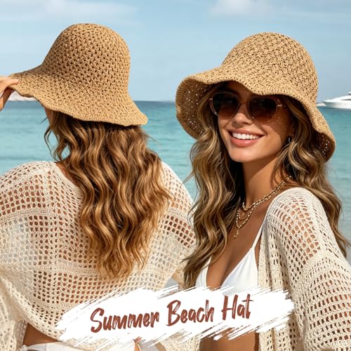 Sun Hat for Women Summer Straw Beach Hats Bucket Hat Floppy Crochet Hat - color: Khaki