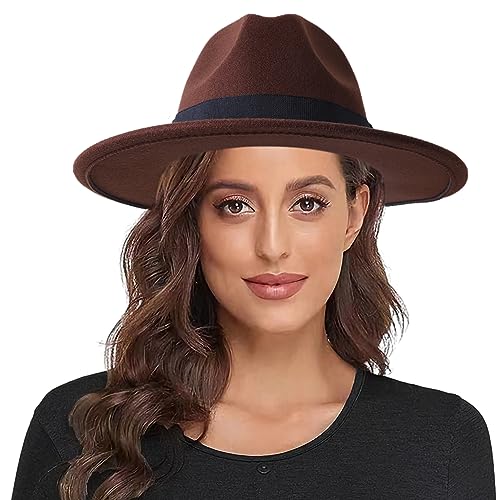 Lanzom Classic Fedora Hats for Women Lady Wide Brim Felt Panama Hat with Belt Buckle - color: Coffee