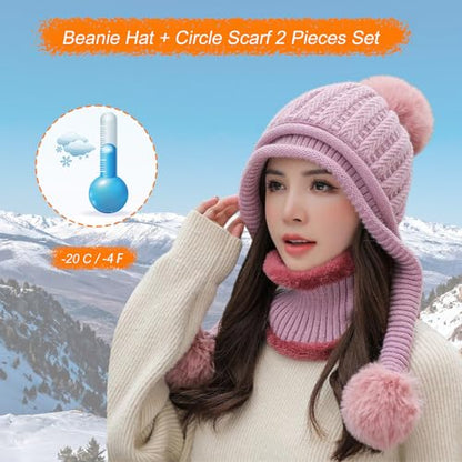 HUAMULAN Women Winter Knit Beanie Hat Circle Scarf Set Pompoms Ear Flaps - color: Mauve Pink