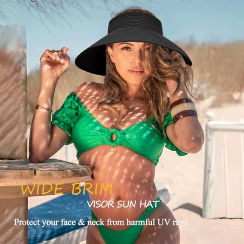 Women's Sun Visor Hats Wide Brim Straw Beach Hat Ponytail Hats for Women Foldable Floppy - color: 1pack-black-coolingsleeves