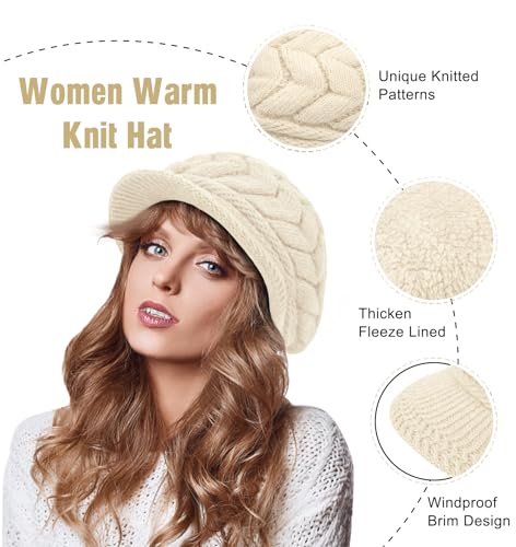 YSense 2 Pack Womens Winter Hats Warm Knit Beanie with Visor - color: Black Beige