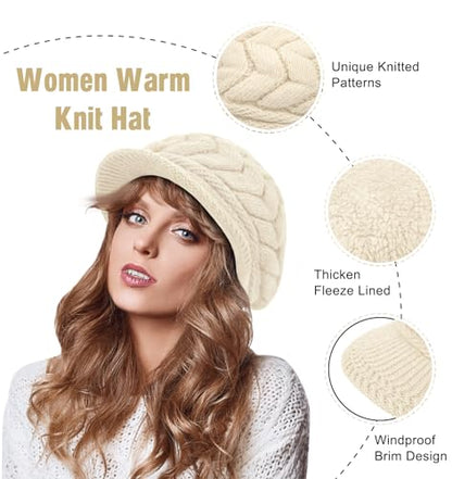 YSense 2 Pack Womens Winter Hats Warm Knit Beanie with Visor - color: Black Beige