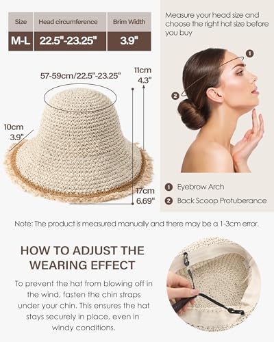 Beach Hats for Women, Straw Bucket Hats Packable Wide Brim - color: Beige