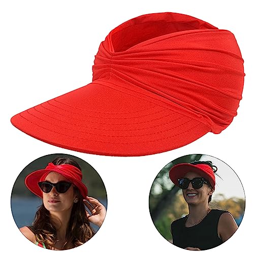 Sun Hat Women Beach Visor Cap UV Protection with Wide Brim Packable Summer Sport Ponytail Sun Cap - color: Red