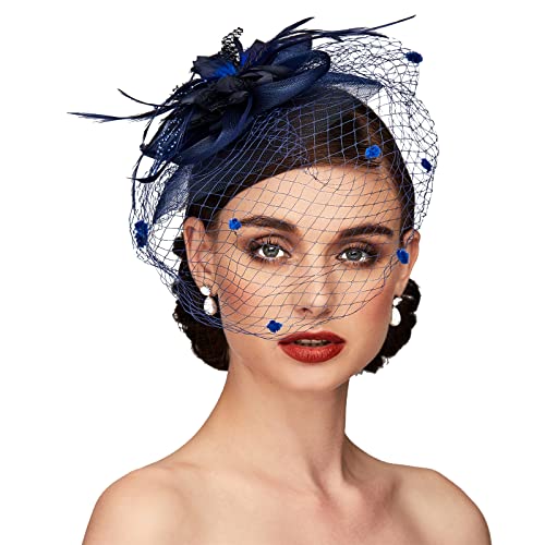 Tea Party Hat Fascinators Hats for Women Vintage Lace Mesh Floral Feather Hair Clip Headband with Veil for Church Wedding - color: Dark Blue