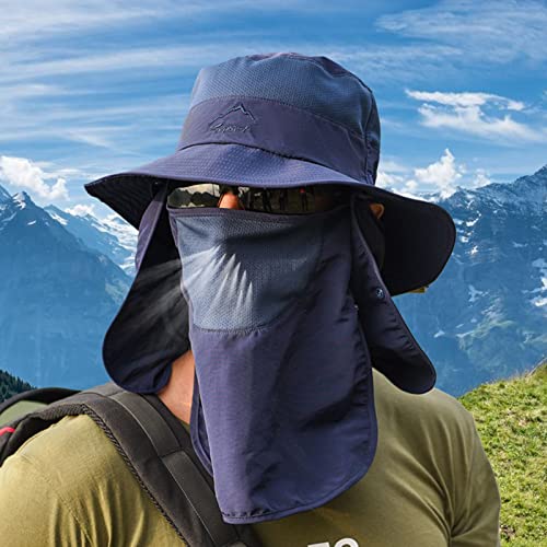 Fishing Hat for Men Sun Protection Hat with Removable Neck Flap Face Cover - color: Navy Blue