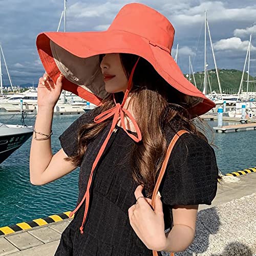 HUAMULAN Women Summer Vacation Wide Brim Sun Hat Reversible Fishing Hats - color: Orangebeige