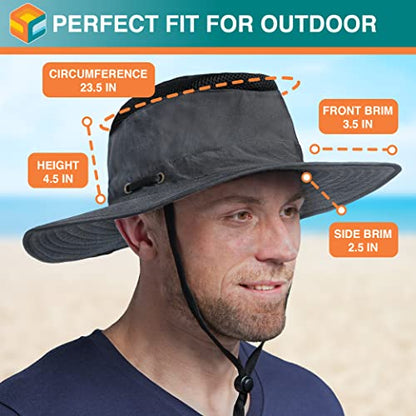 SUN CUBE Wide Brim Sun Hat for Men Women UPF 50+ UV Protection Safari Boonie Hat with Chin Strap, Pocket, Fishing Hiking Hat - color: Gray