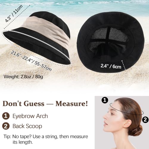 Babalet Women Summer Bucket Sun Hat Lightweight Beach Faux Linen Blend Bucket Hat Adjustable Foldable UV Protection Beach Cap - color: Solid Black / White Band