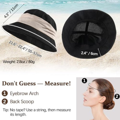 Babalet Women Summer Bucket Sun Hat Lightweight Beach Faux Linen Blend Bucket Hat Adjustable Foldable UV Protection Beach Cap - color: Solid Black / White Band
