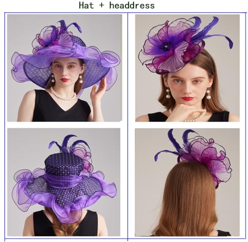 ORIDOOR Women Organza Fascinator Church Derby Hat Floral Tea Party Wedding Hat - color: B1 Purple