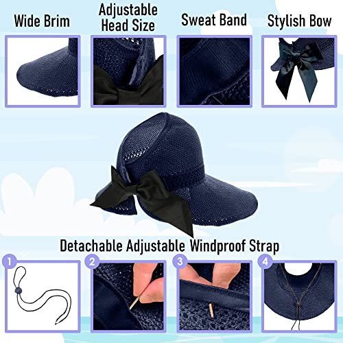 Straw Sun Visor for Women, Wide Brim UPF 50+ Protection Beach Hat, Adjustable, Roll Up Foldable Ponytail Cap with Chin Strap - color: A Navy
