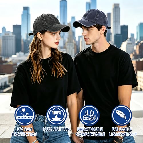 2Pack Vintage Washed Cotton Baseball Caps, Adjustable Low Profile Dad Hat, Unconstructed Distressed Plain Cap for Men Women - color: Black+navy Blue