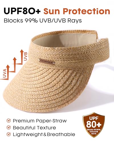 FURTALK Sun Visors for Women Straw Summer Hat Packable Wide Brim Beach Cap - color: Khaki