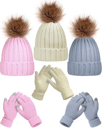 Haysandy 6 Pcs Winter Beanie Hat Gloves Set for Women Warm Knitted Hat Skull Cap with Pom Pom and Touchscreen Glove for Women - color: Beige, Pink, Grey