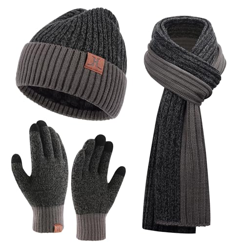 FZ FANTASTIC ZONE Mens Winter Beanie Hat and Scarf Touchscreen Gloves Sets - color: Dark Grey & Black